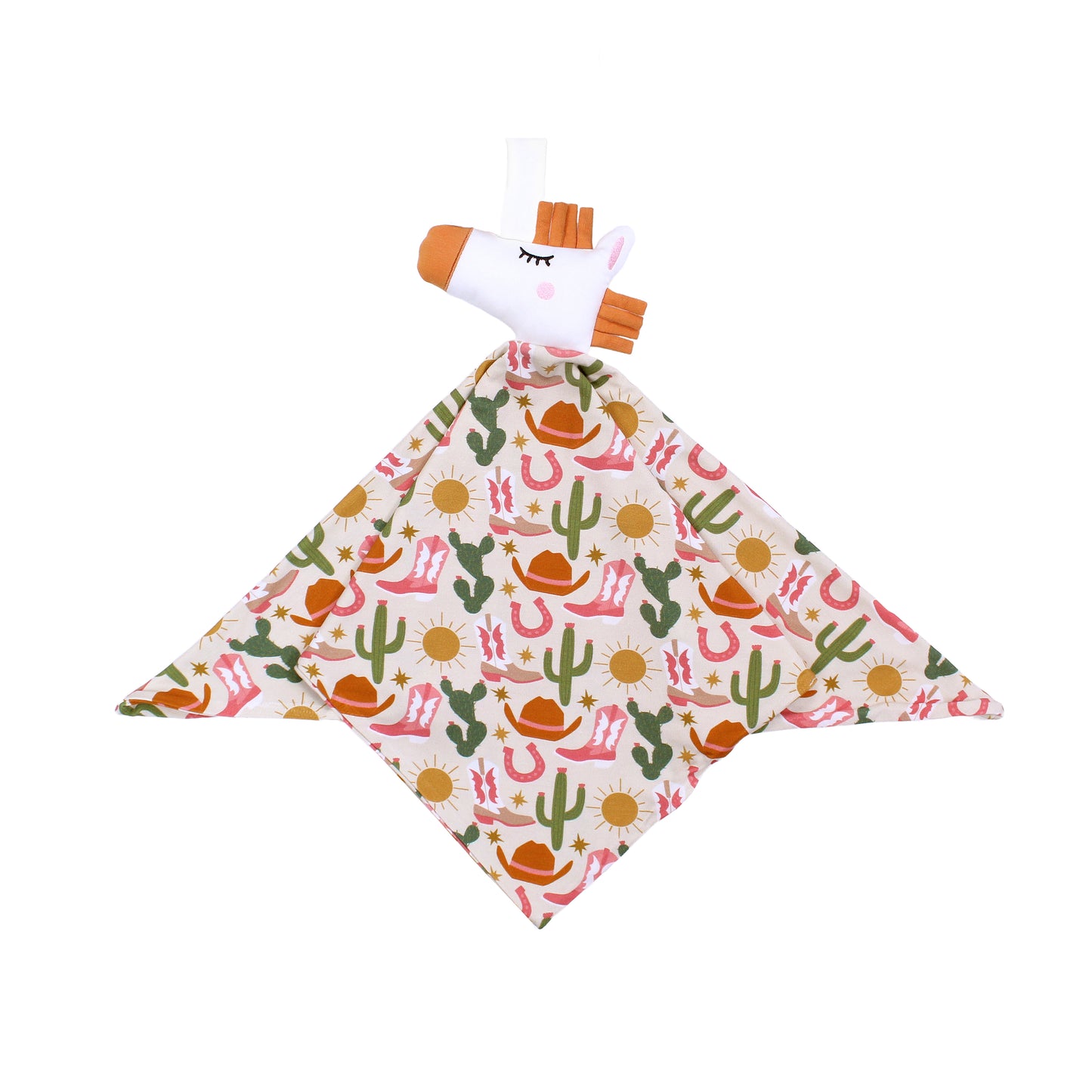 Emerson and Friends Hey Y'all Bamboo comforting Lovey. The print shows green cactus, yellow sun, brown cowgirl hat, pink boots and horseshoes. Perfect for cozy rodeo nights.