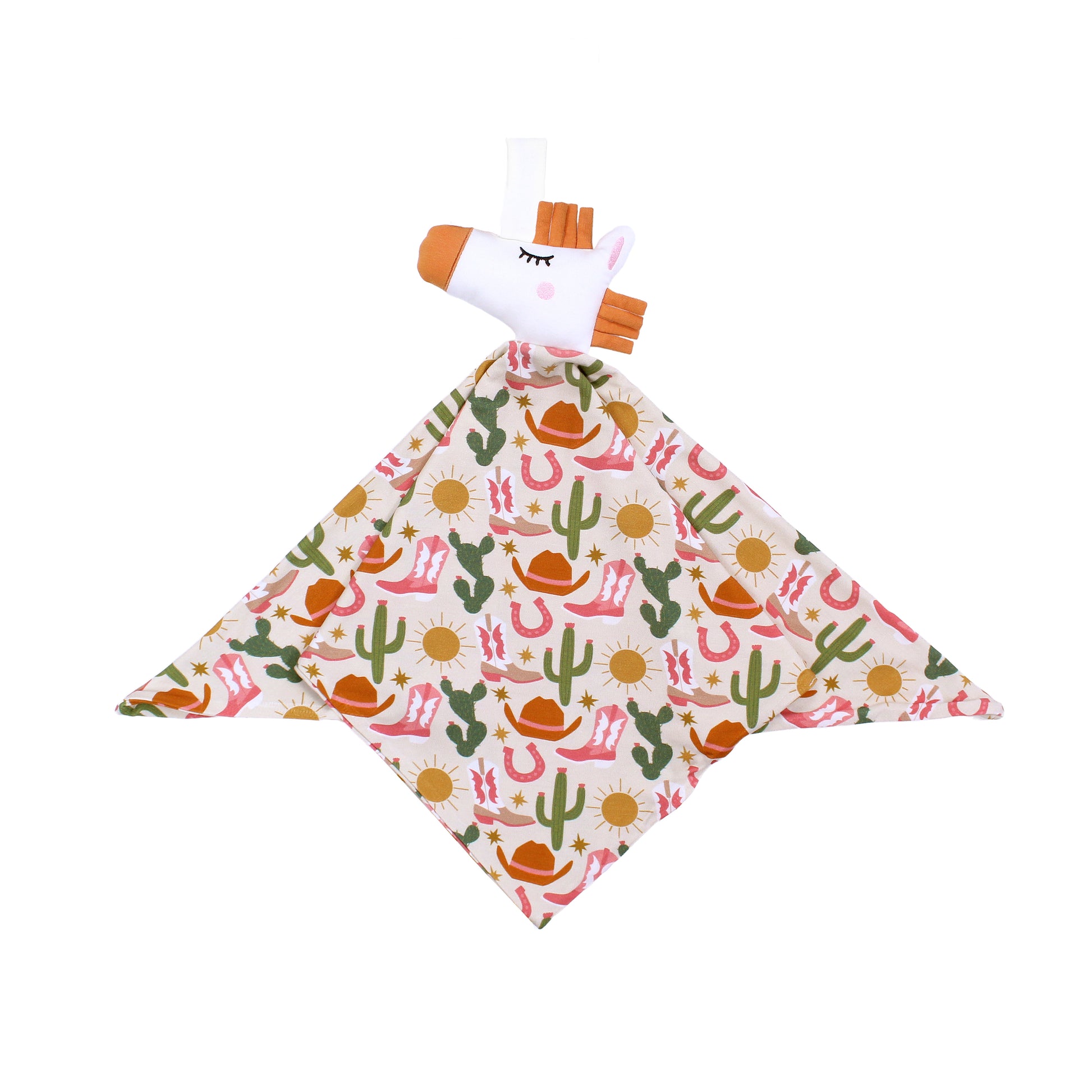 Emerson and Friends Hey Y'all Bamboo comforting Lovey. The print shows green cactus, yellow sun, brown cowgirl hat, pink boots and horseshoes. Perfect for cozy rodeo nights.