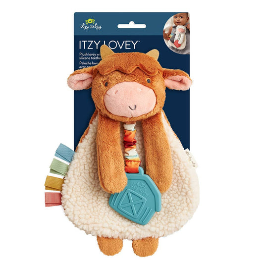 highland cow baby toy with a teether attached