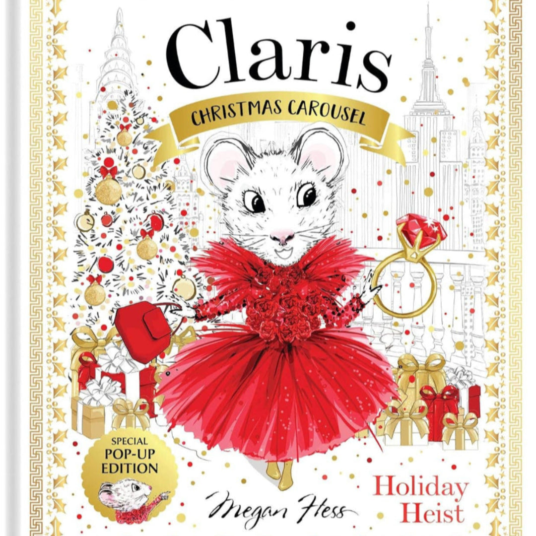 Book cover of 'Claris Christmas Carousel' with a mouse in a red dress and festive decorations.