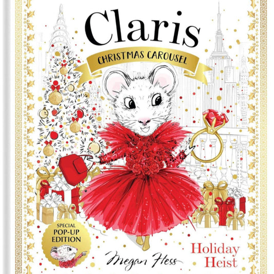 Book cover of 'Claris Christmas Carousel' with a mouse in a red dress and festive decorations.