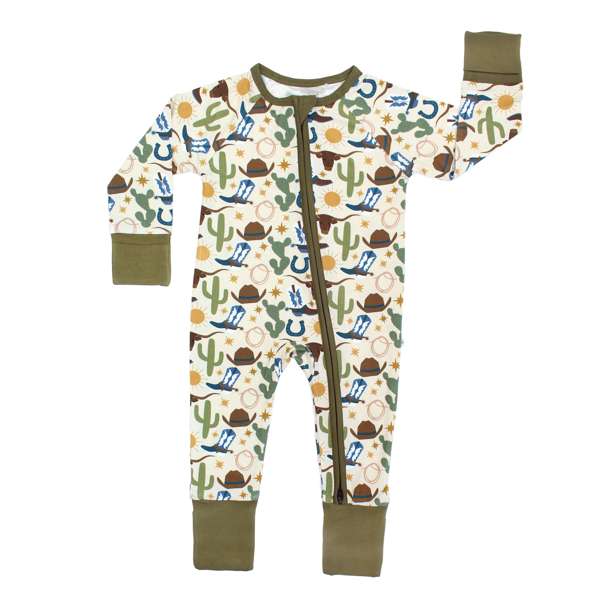 Our Western Howdy Collection! This cozy bamboo convertible pajama features a charming cowboy-themed print with blue boots, cacti, suns, horseshoes, and cowboy hats.