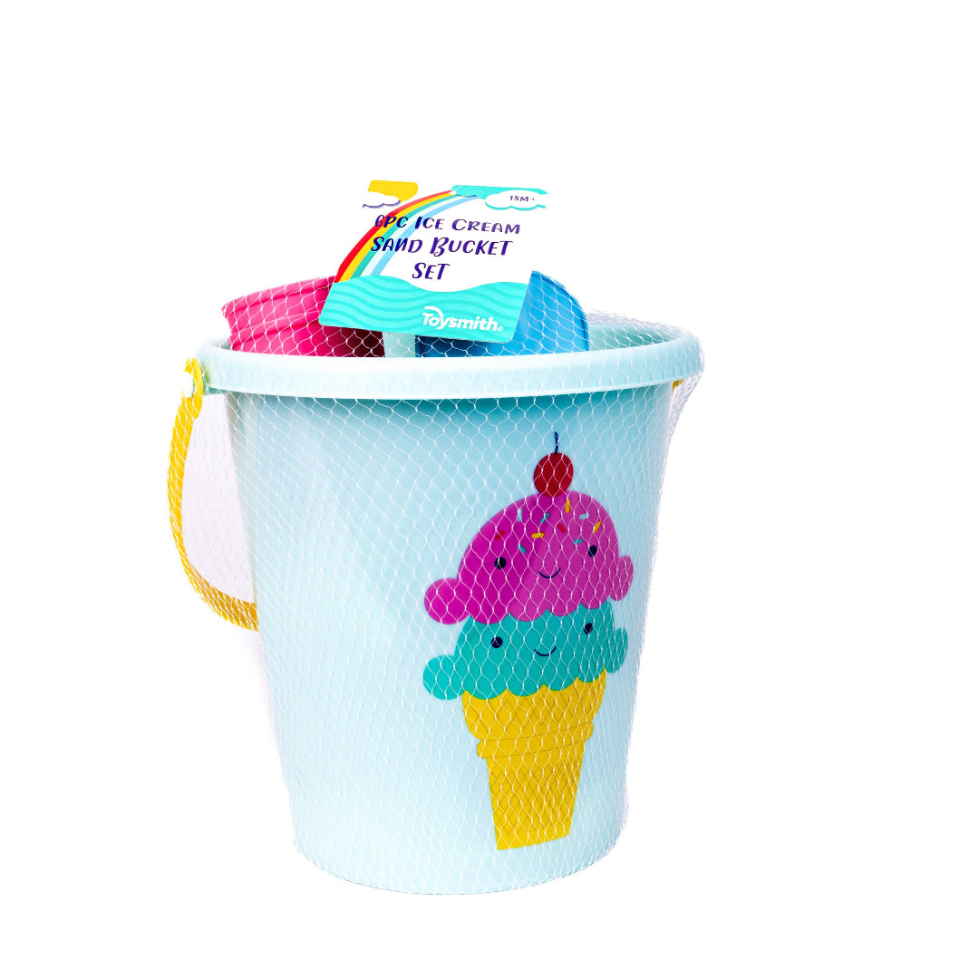 beach toys with an ice cream cone on the bucket