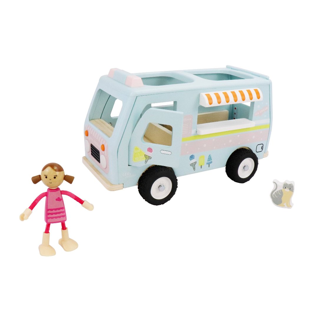 toy wooden ice cream van with a wooden little girl figure and a wooden cat toy included