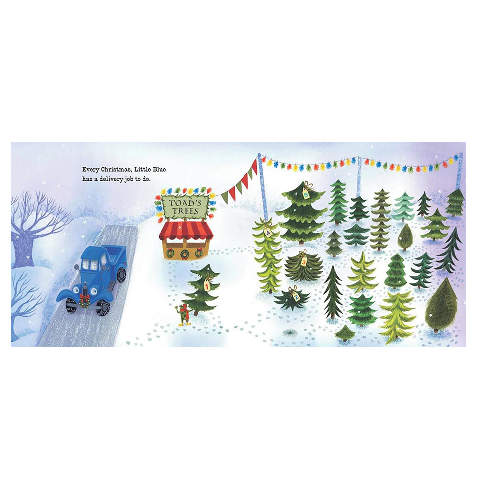 Illustration of a snowy scene with a blue truck, a tree stand, and Christmas trees.