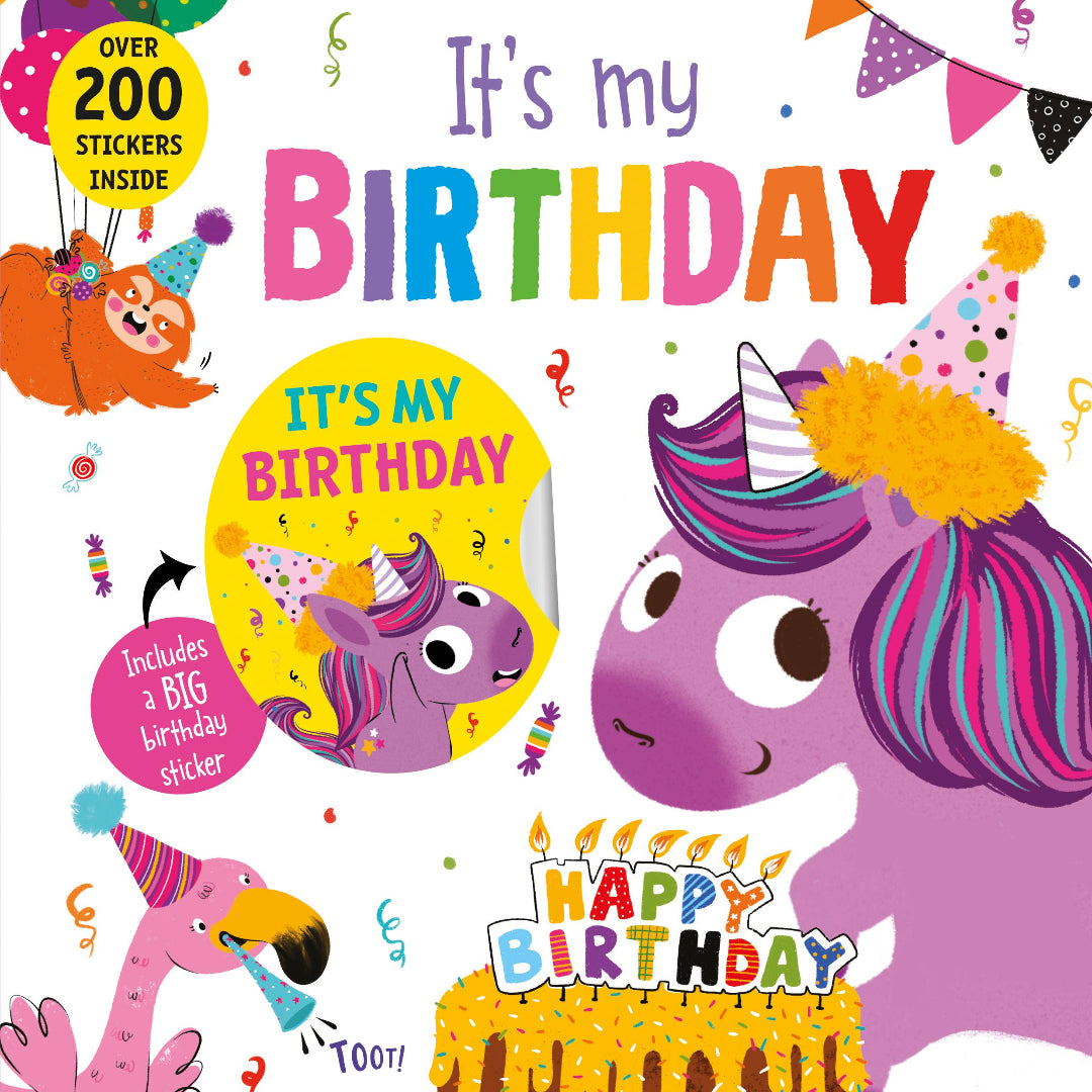 a book with a unicorn flamingo, and sloth wearing party hats and party decorations all over