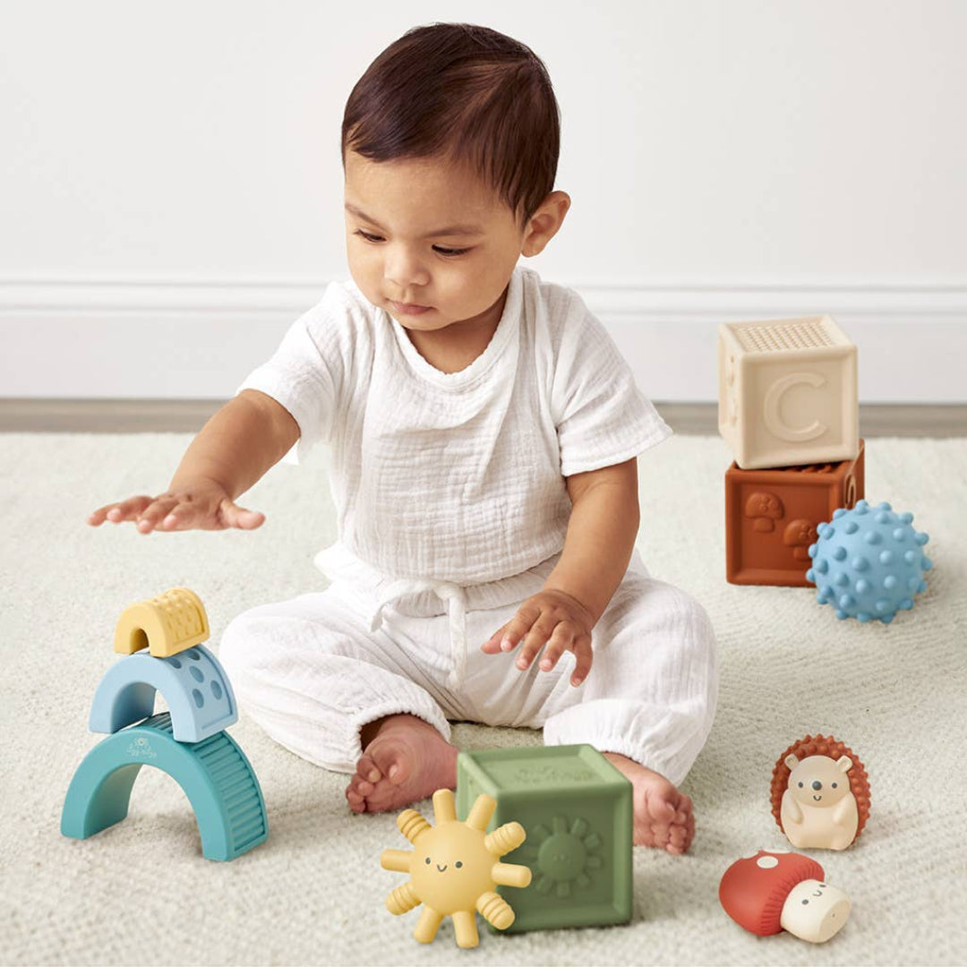 set of 10 sensory blocks, ball, and friends