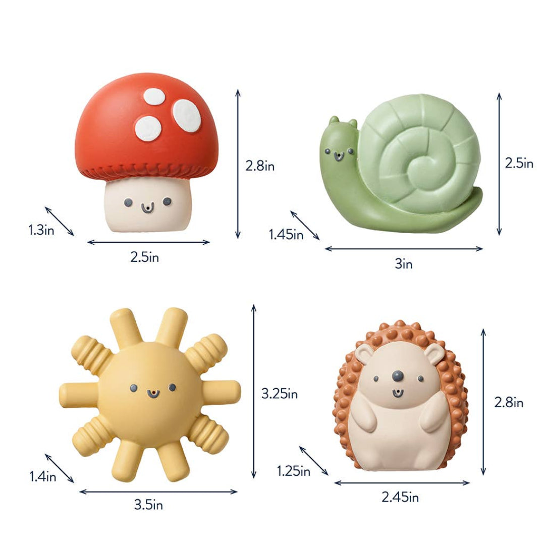 4 bath squirt toys with a sunshine, snail, hedgehog, and mushroom