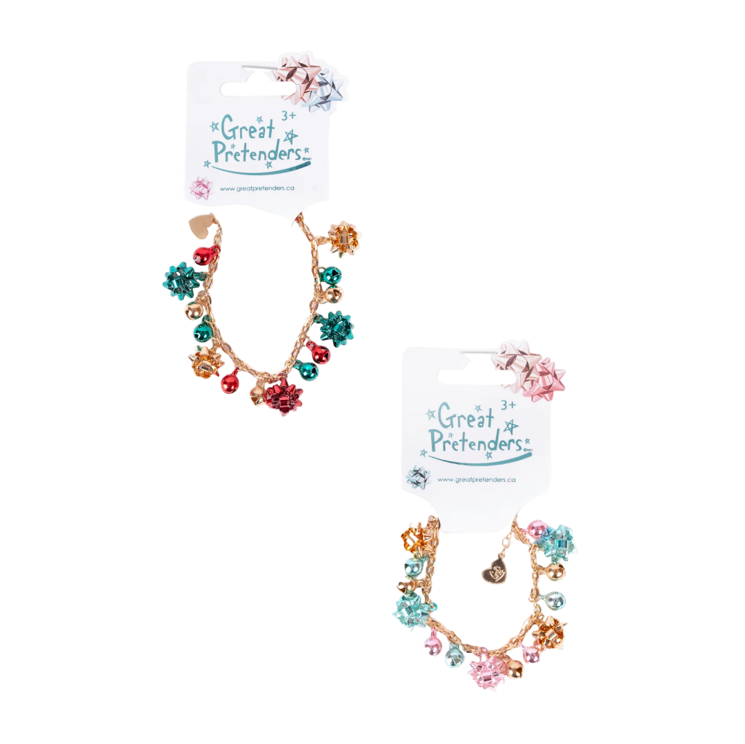 2 different Christmas bracelets, both have jingle bells and bows on them, but one is gold, red and green and the other one is gold, pink and teal