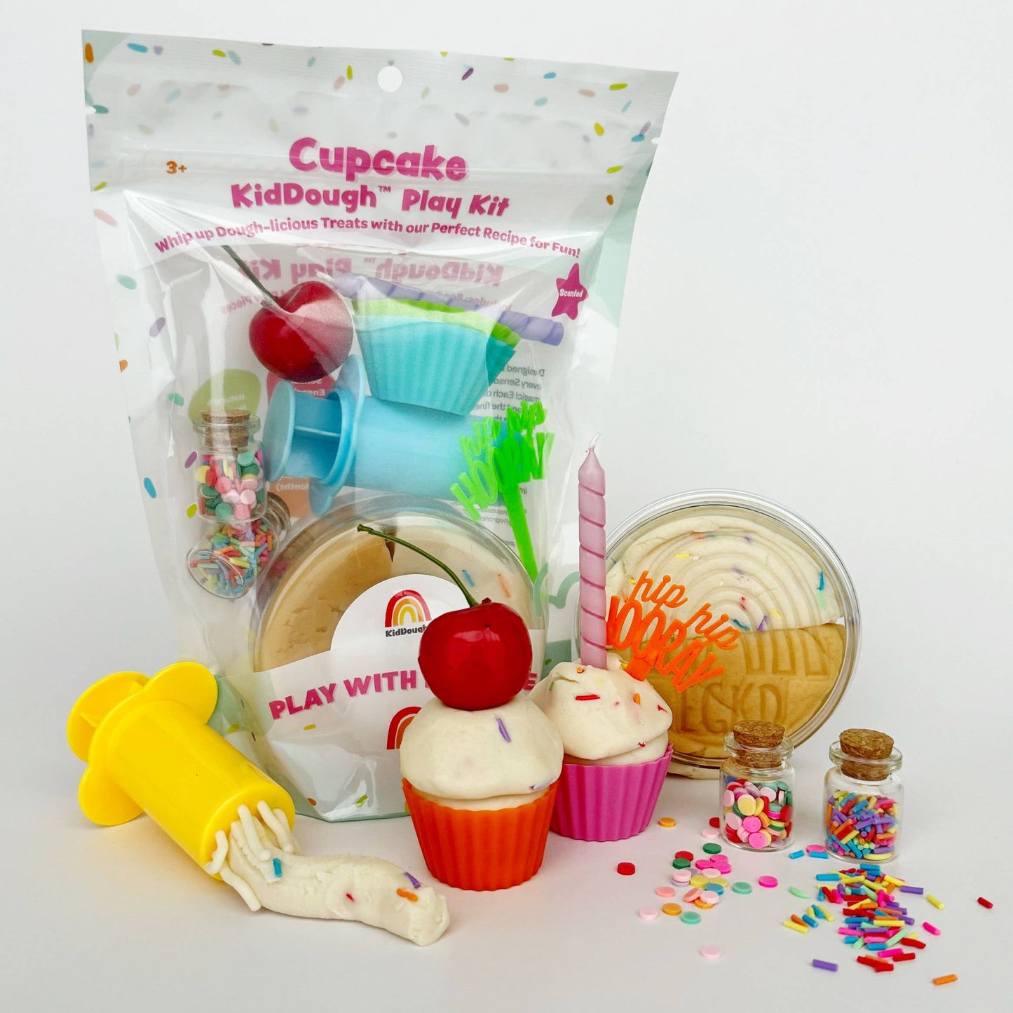 Cupcake-themed kidough play kit with various accessories on a white background