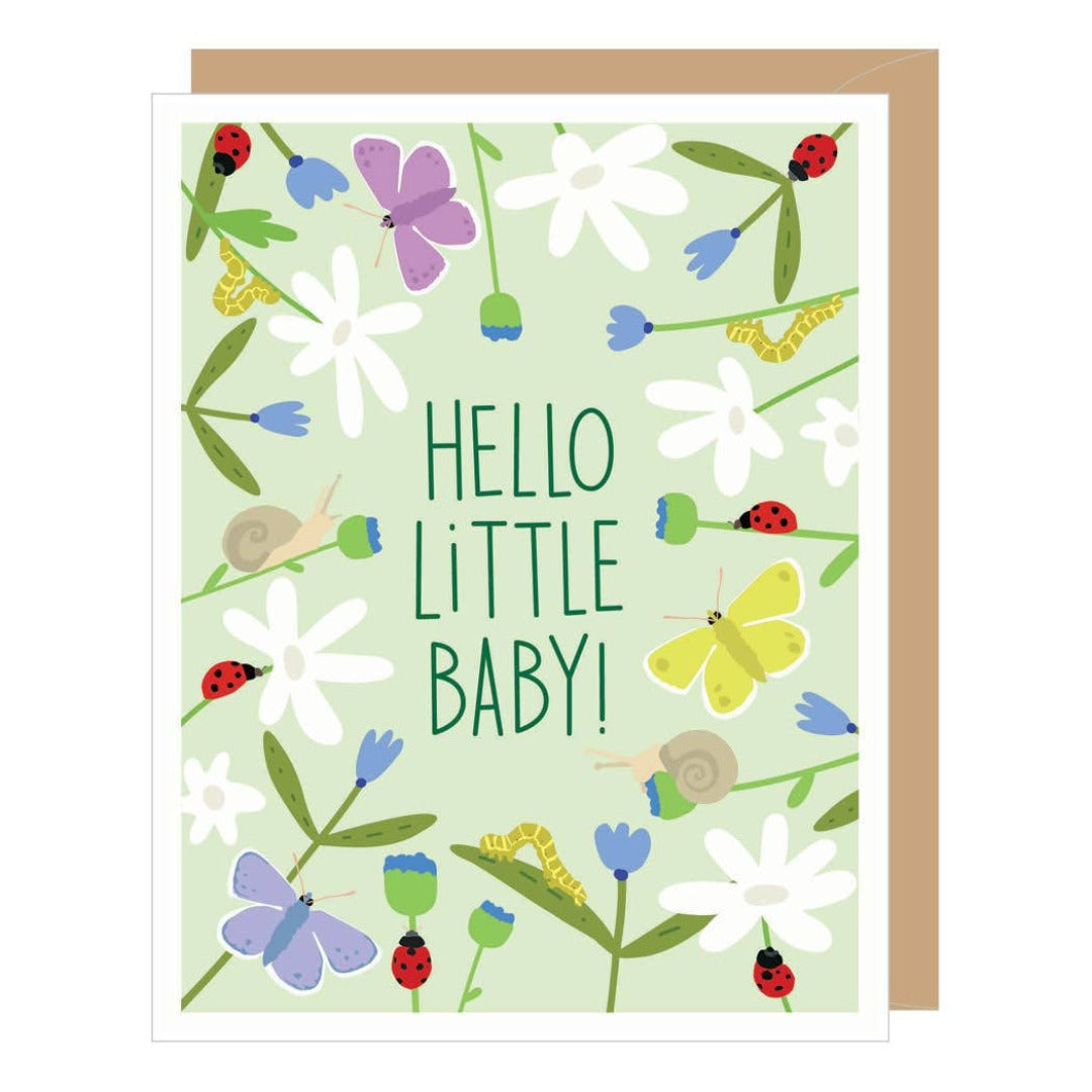 Green greeting card with multi-colored bugs and plants