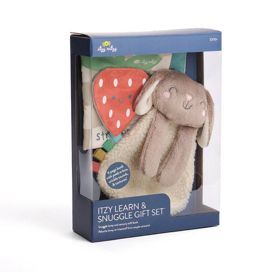 set of 2 baby toys, one is a soft book and the other is a bunny lovey