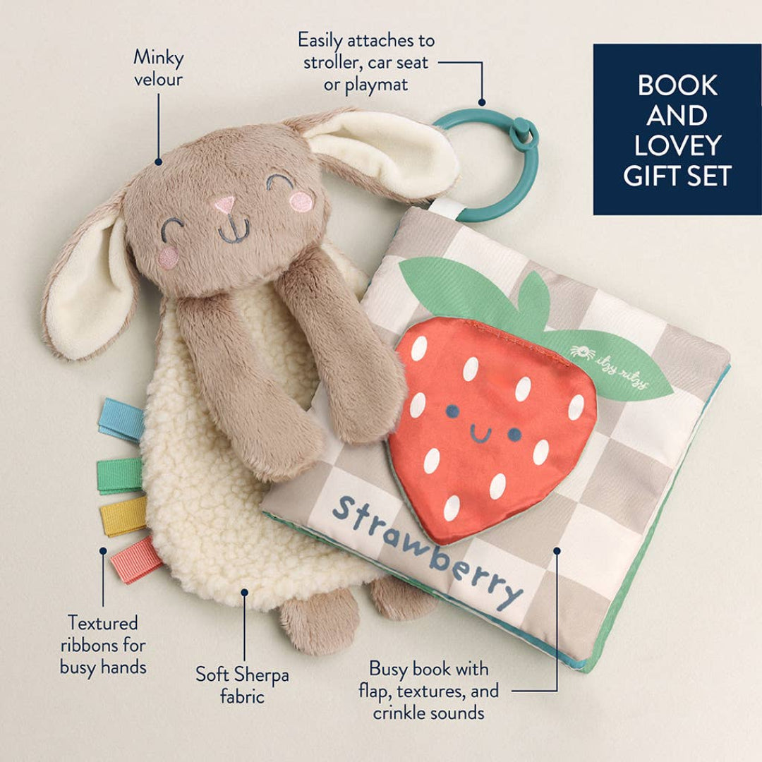 set of 2 baby toys, one is a soft book and the other is a bunny lovey