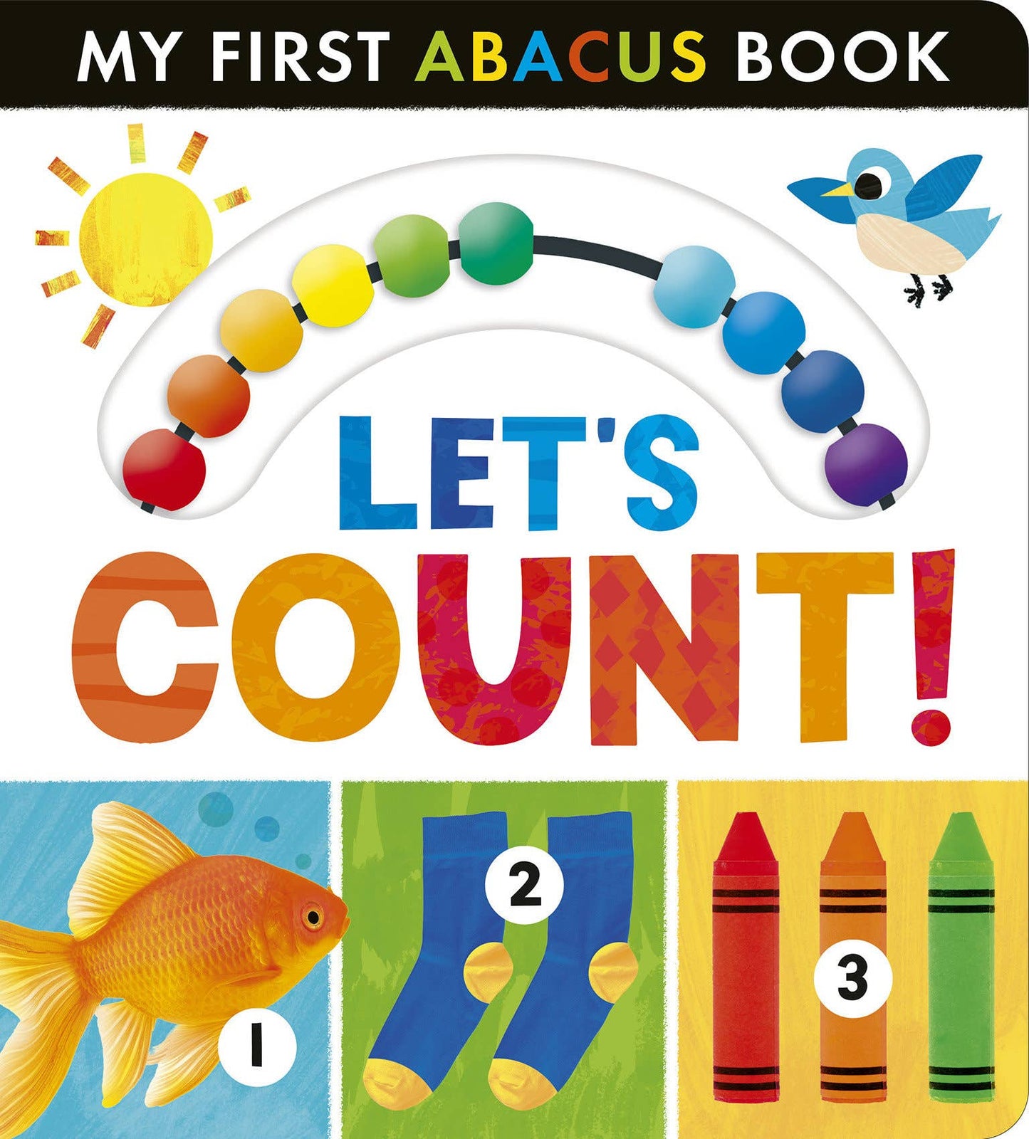 Book cover of 'My First Abacus Book: Let's Count!' with colorful illustrations and numbers.