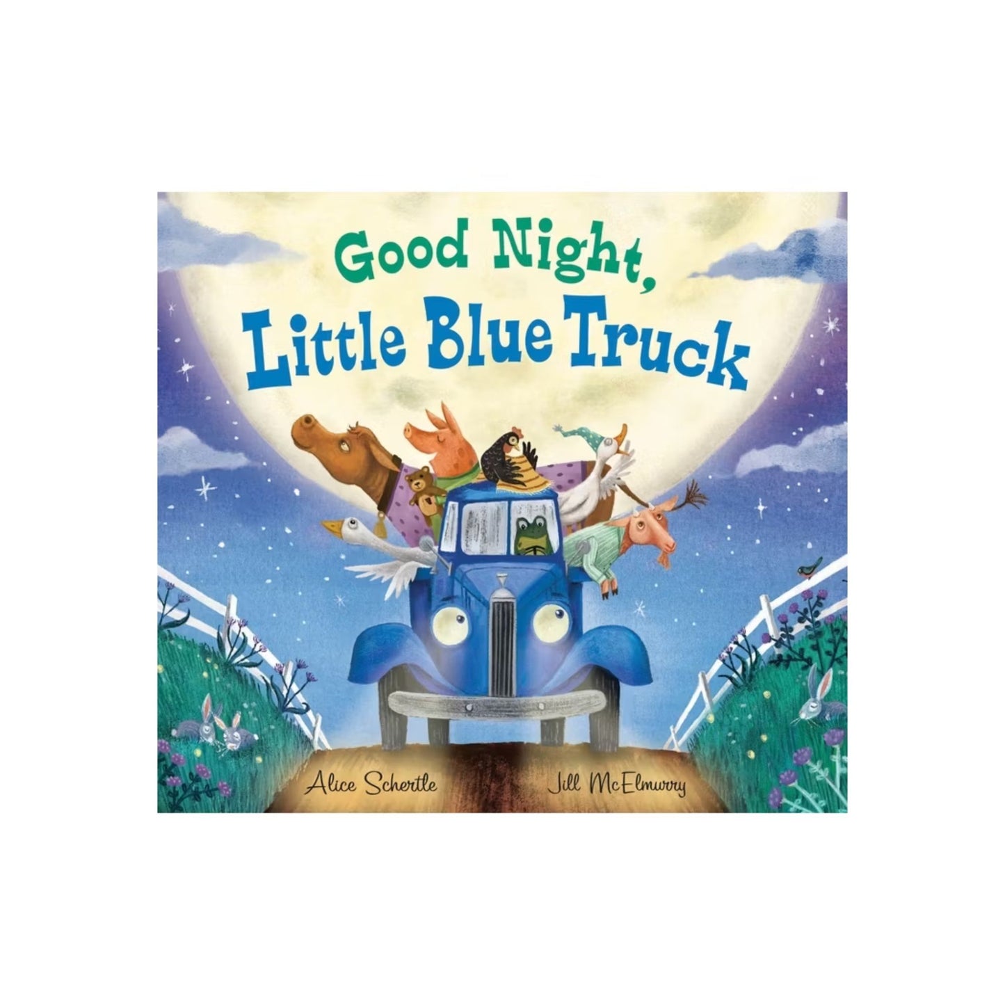 Book cover of 'Good Night, Little Blue Truck' with a blue truck and animals on a moonlit sky background.