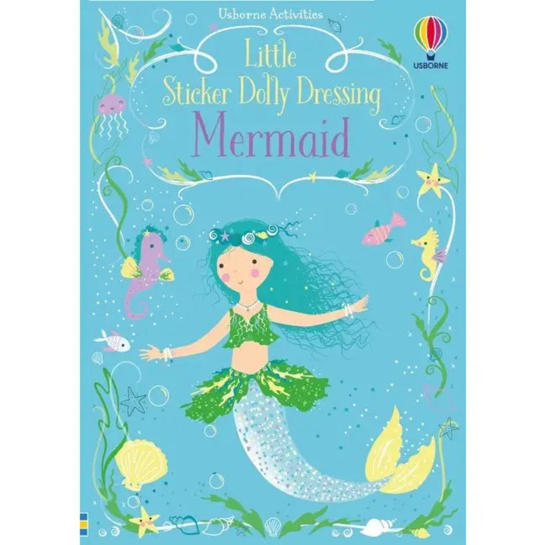 mermaid themed sticker book thats blue with a mermaid and fish on the cover