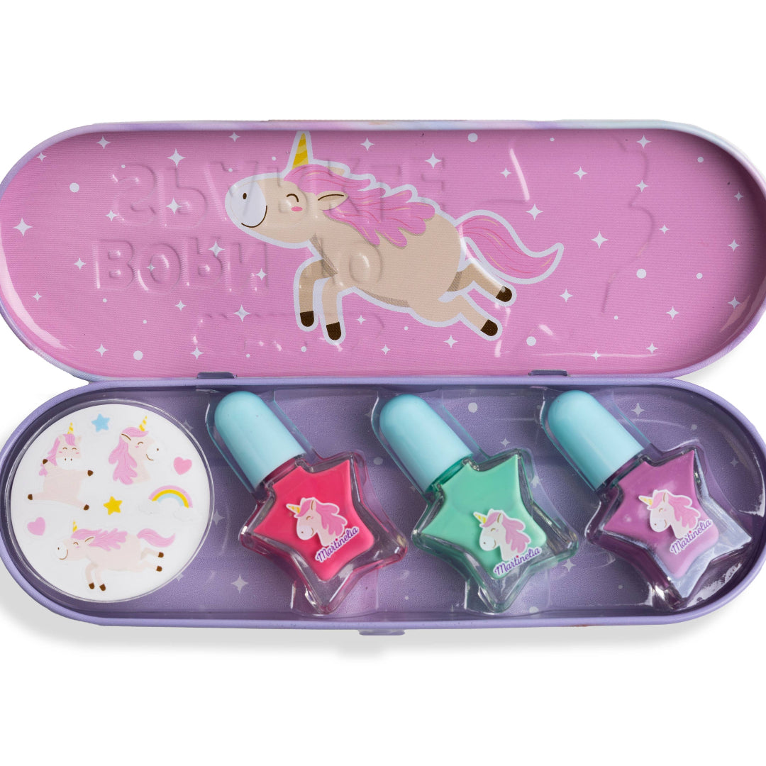unicorn themed pencil case with 3 nail polishes inside and stickers