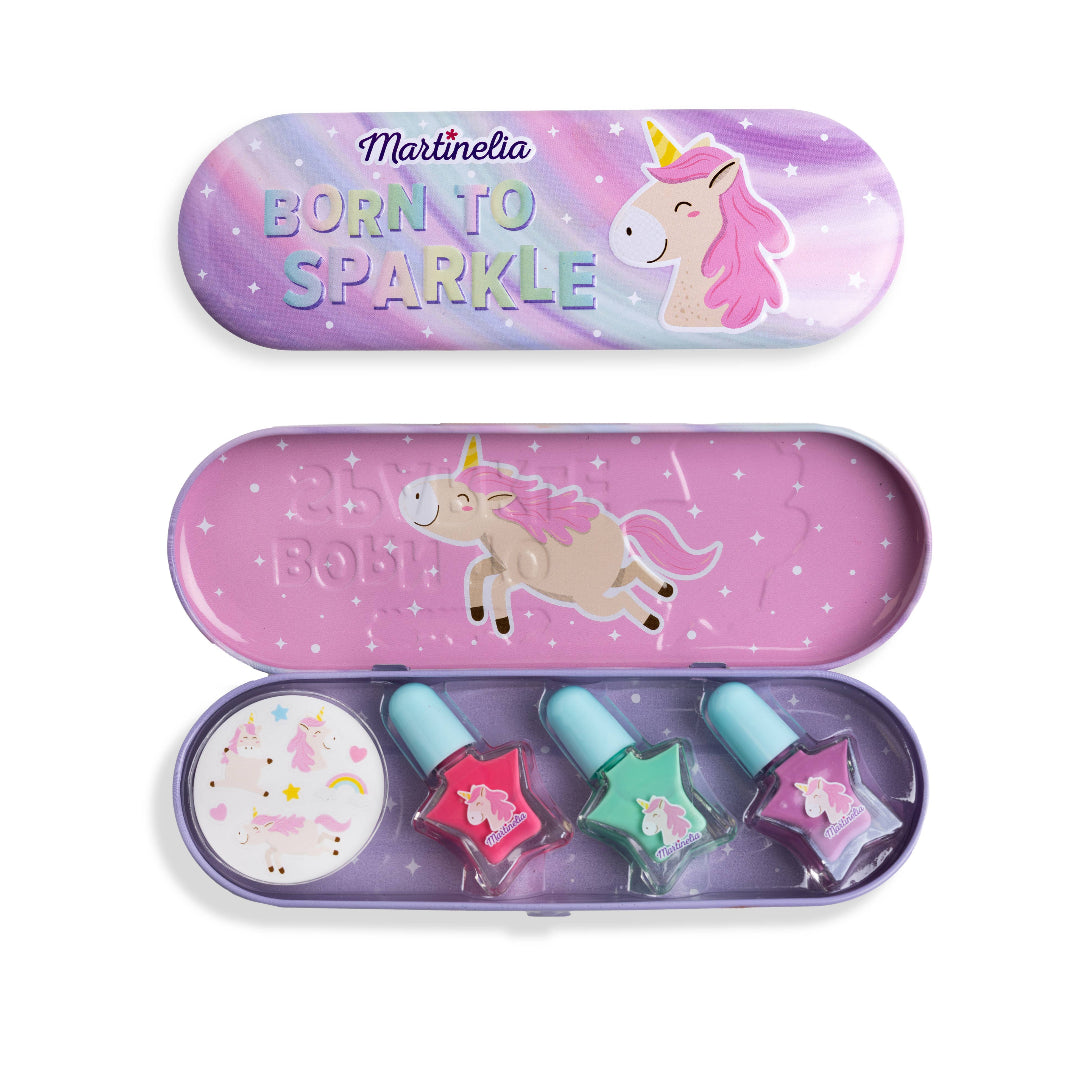 unicorn themed pencil case with 3 nail polishes inside and stickers