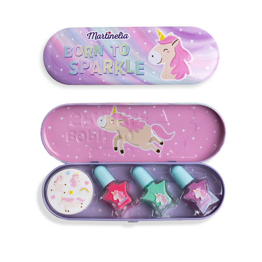 unicorn themed pencil case with 3 nail polishes inside and stickers