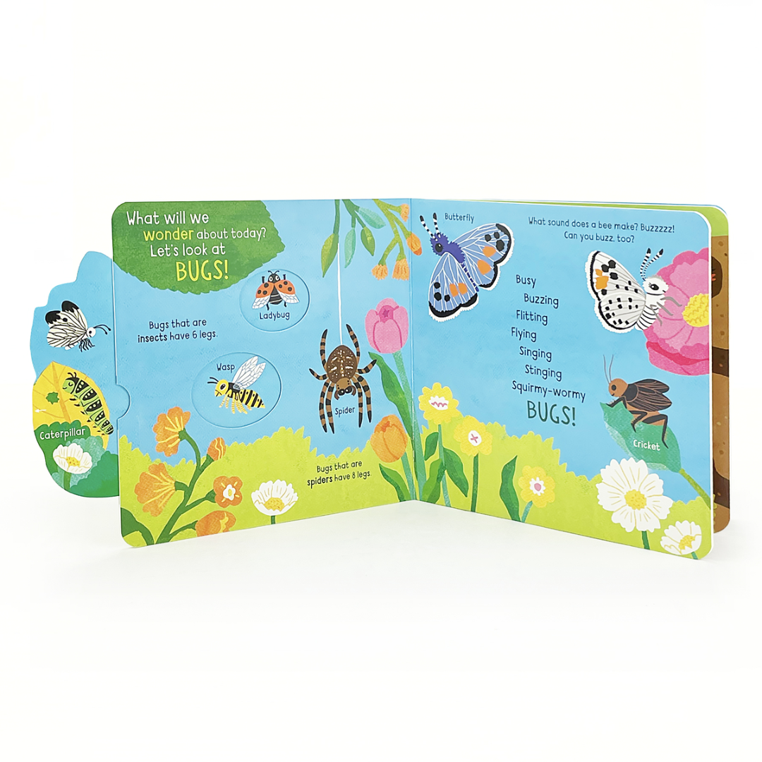Opened book showing colorful bugs and facts about them.