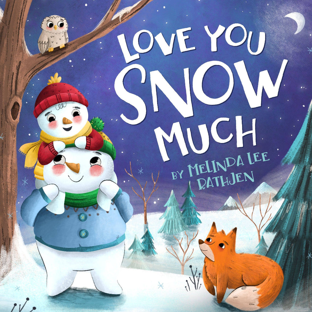 a book with a dad snowman holding his son snowman on his shoulders under the moon
