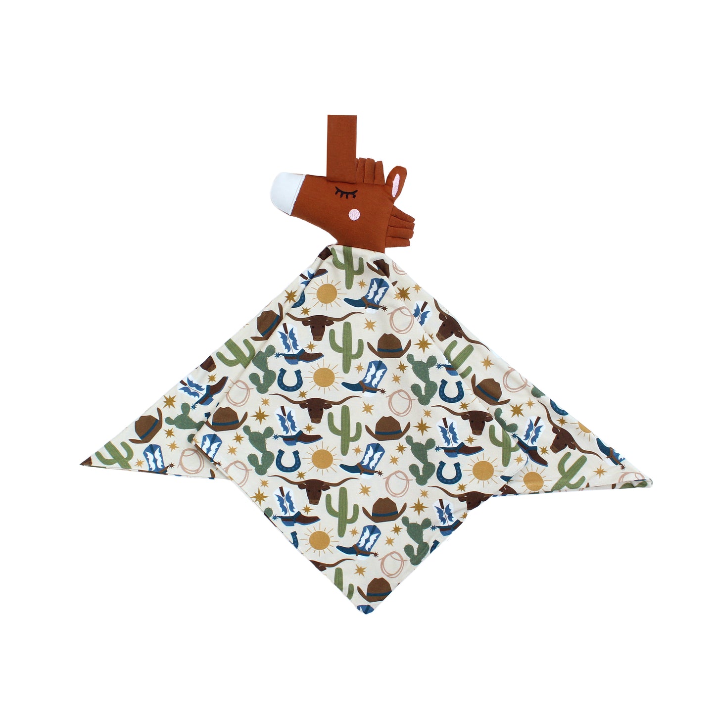 Our lovey featuring a charming cowboy-themed print with blue boots, cacti, suns, horseshoes, and cowboy hats. The perfect blend to pair with our bamboo pajamas.