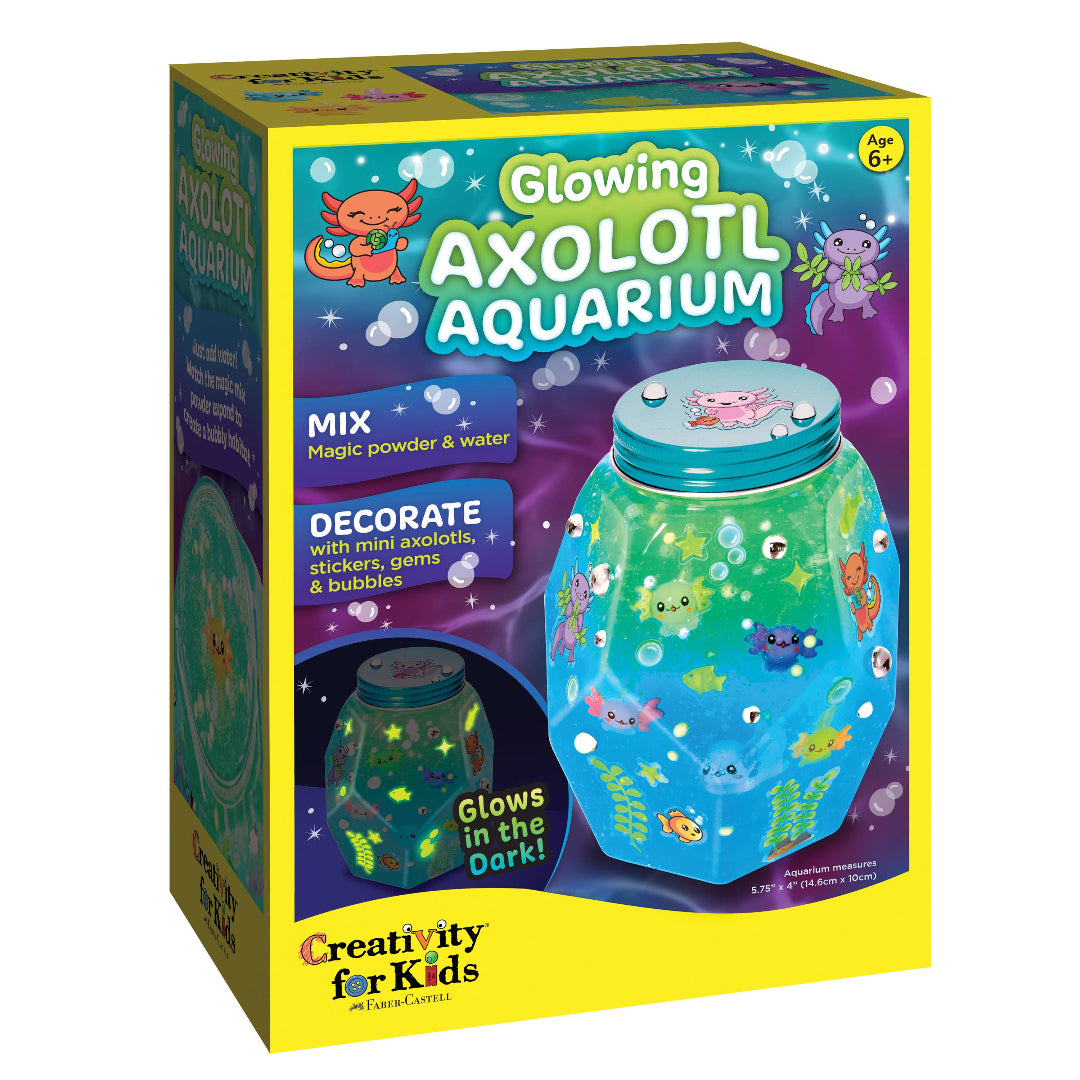 Glowing Axolotl Aquarium kit packaging with colorful design and text.