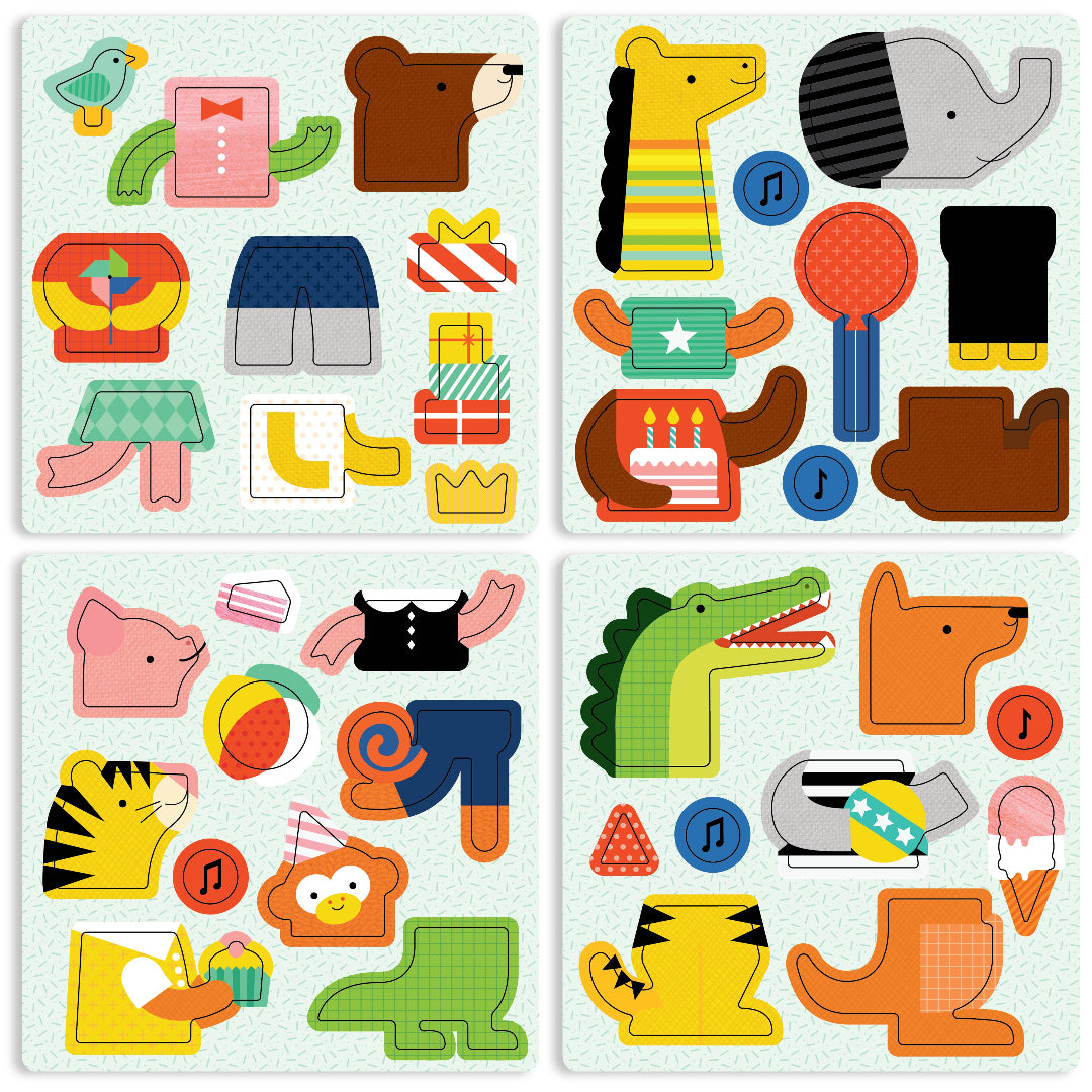 Set of colorful children's toy shapes with animal and object designs on a white background