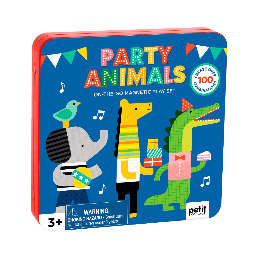 Party Animals magnetic play set packaging with colorful animals on a blue background