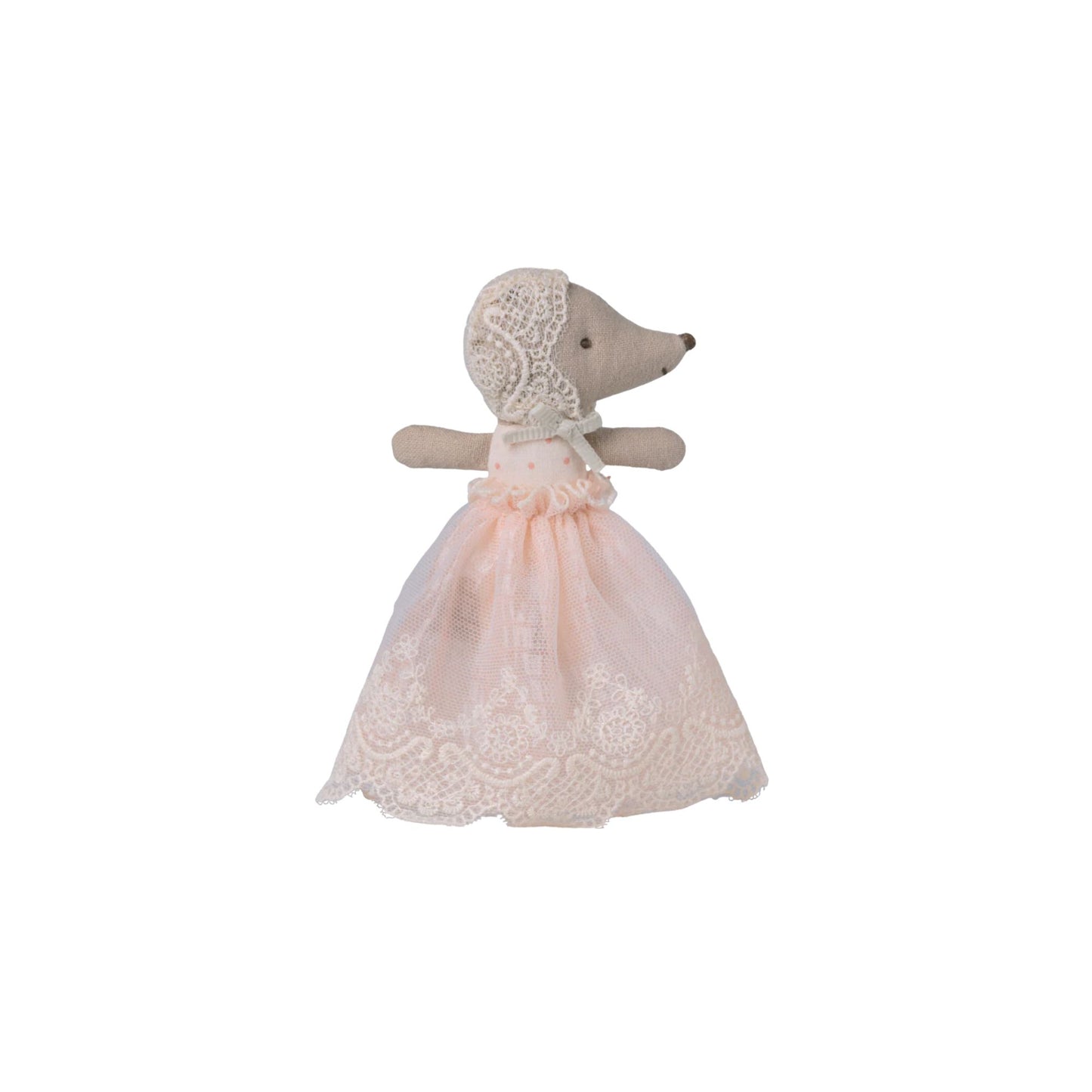 Stuffed animal toy with a lace dress on a white background