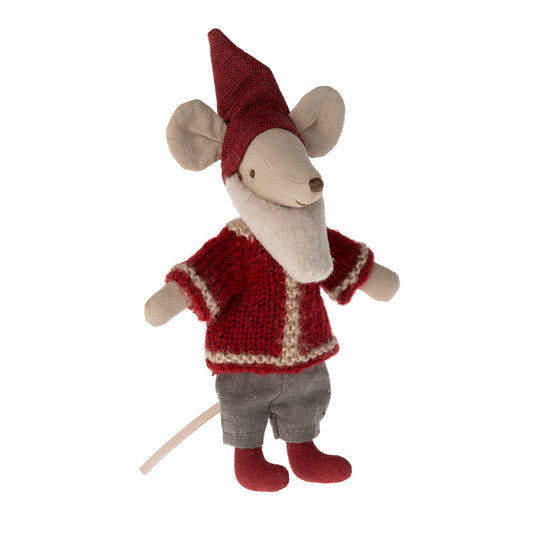 Stuffed mouse toy wearing a red outfit with a hat on a white background