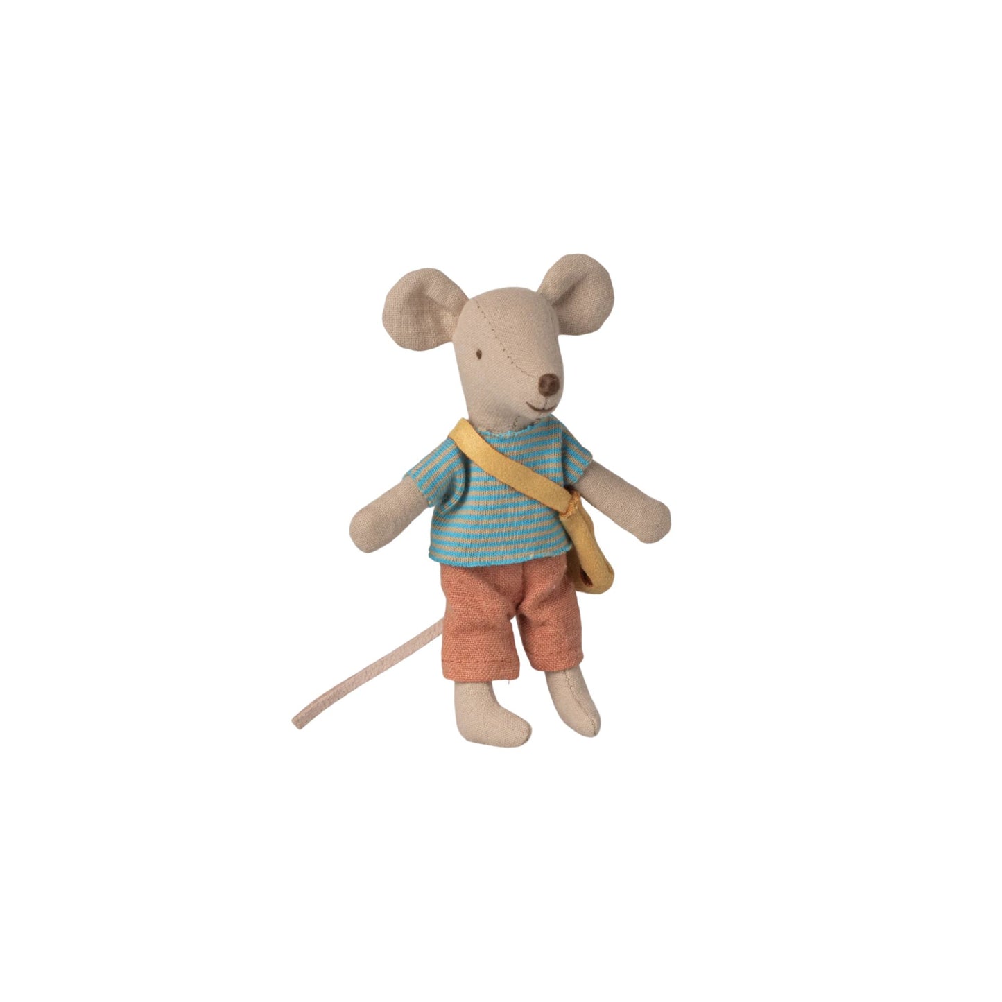 Stuffed mouse toy with a backpack on a white background