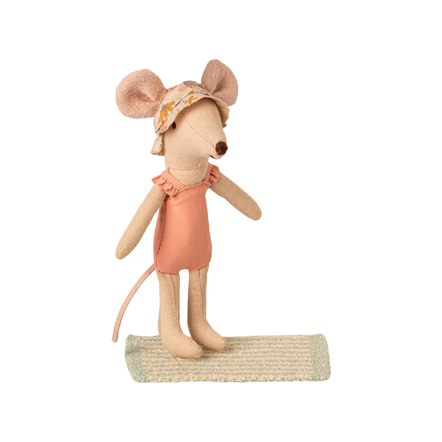 Stuffed mouse toy with a dress and hat on a white background