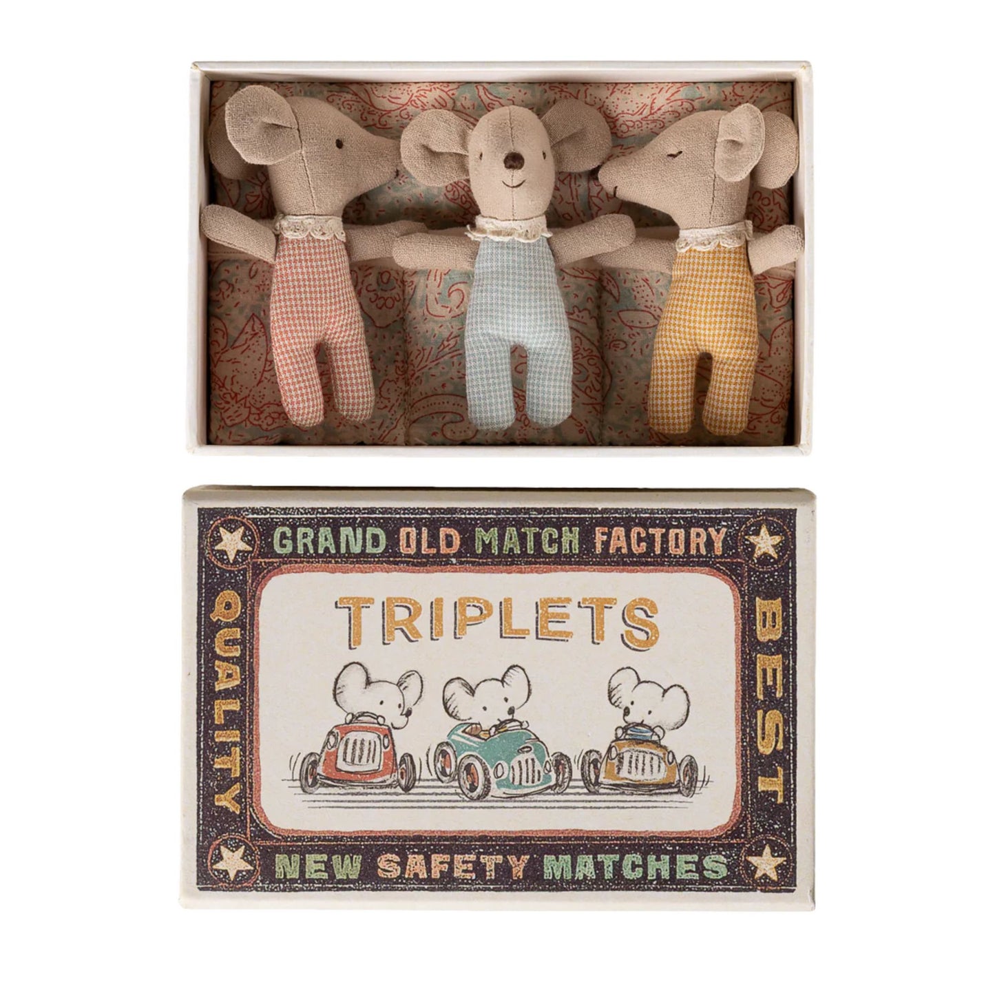 Three stuffed animal toys in a matchbox with a vintage-style label.