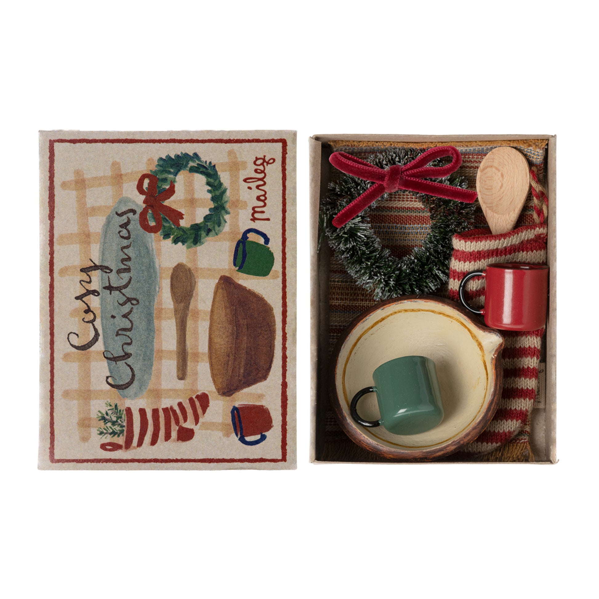 Set of Christmas-themed ceramic items in a decorative box with a matching card.
