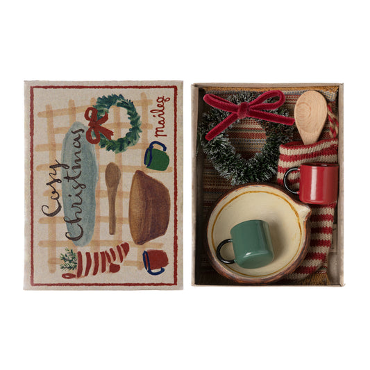 Set of Christmas-themed ceramic items in a decorative box with a matching card.