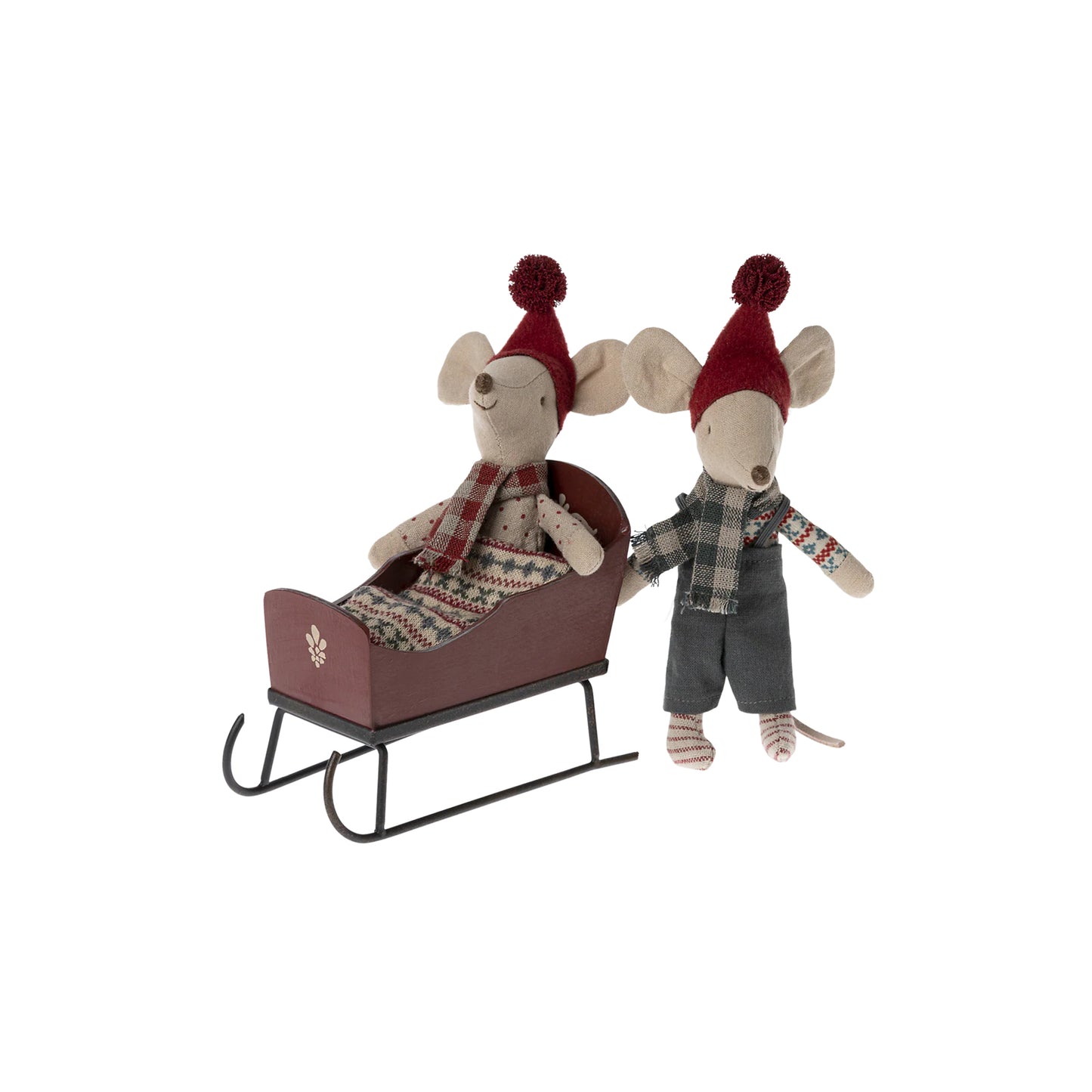 Maileg red sleigh with mouses.