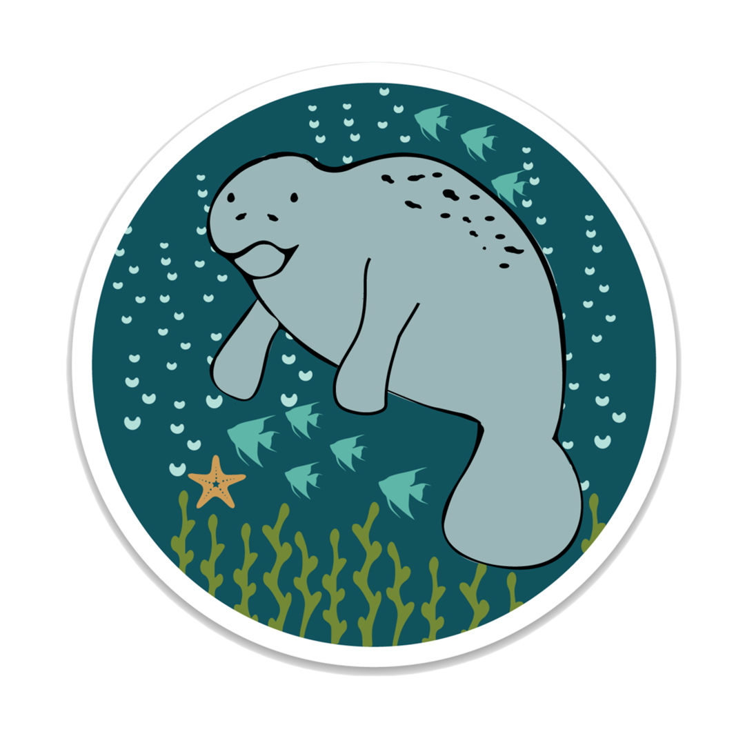a manatee is centered in the middle of a blue sticker. the manatee is surrounded by sea life that includes starfish, fish, and seaweed. you can also see bubbles.