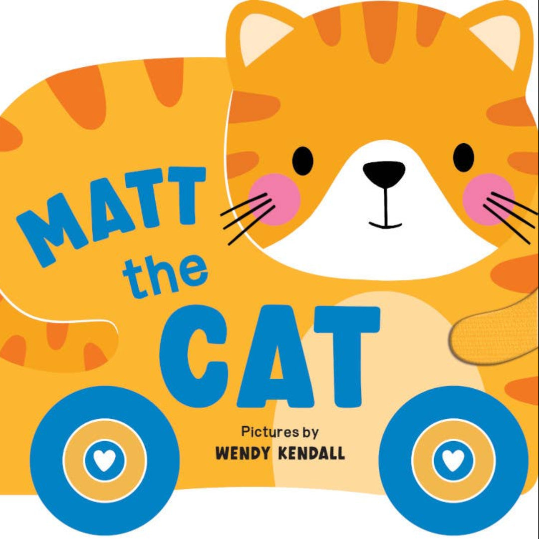 a book shaped like an orange cat and it has blue wheels on the bottom