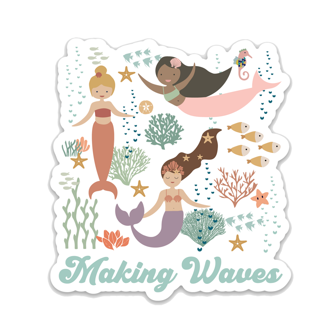 the "making waves" sticker has 3 mermaids and lots of ocean life printed around them.