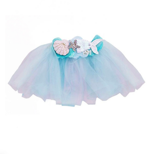 mermaid tutu with a mermaid tail and seashell beaded along the waistband