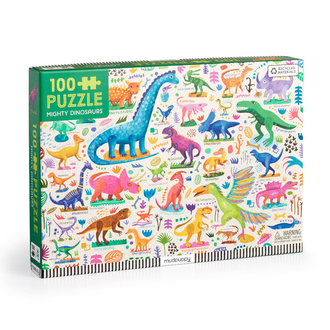 100 piece dinosaur themed puzzle with lots of different types of dinosaurs