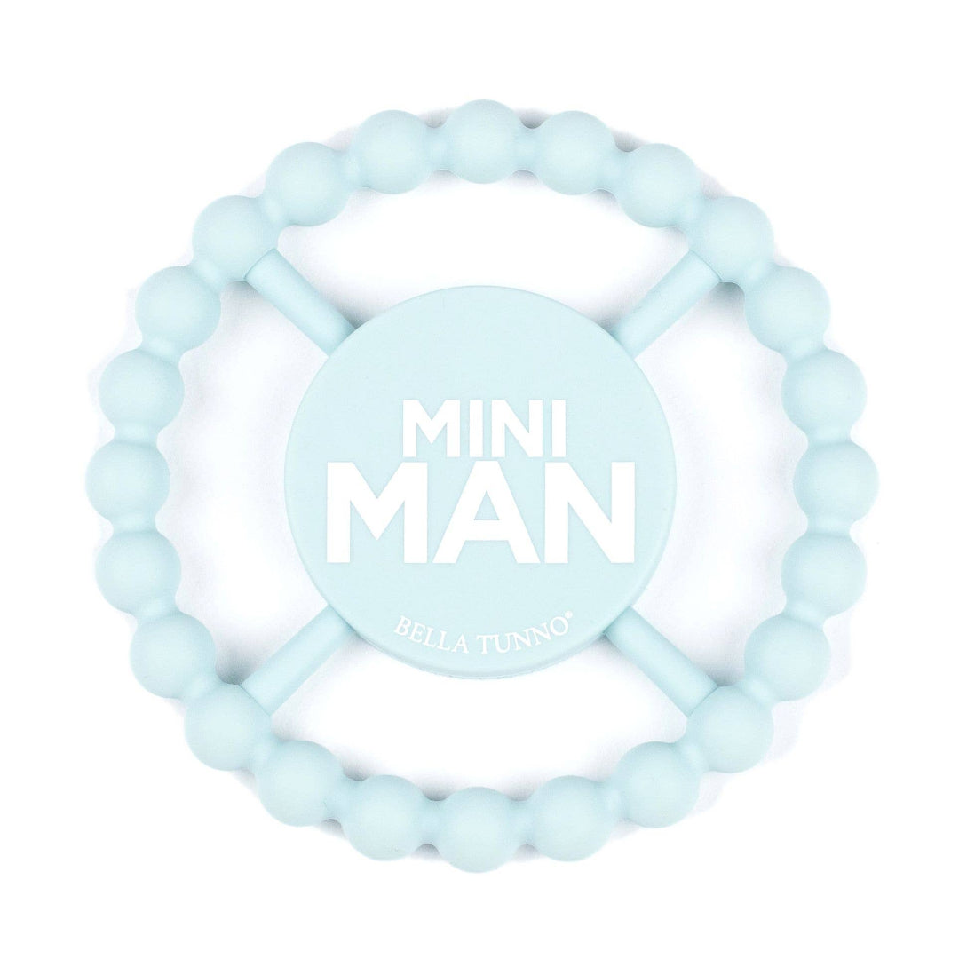 light blue silicone round teether that says mini man