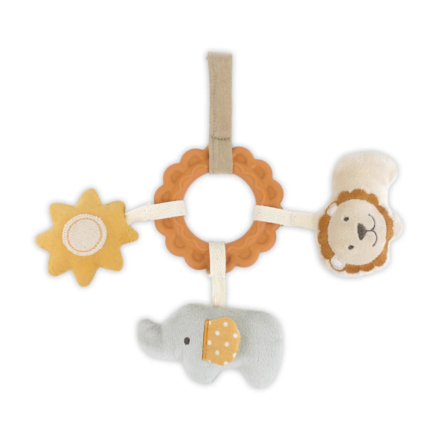 Baby teething ring with lion, elephant, and sun design on a white background
