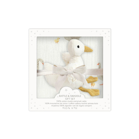 Mother Goose themed baby swaddle blanket and goose rattle