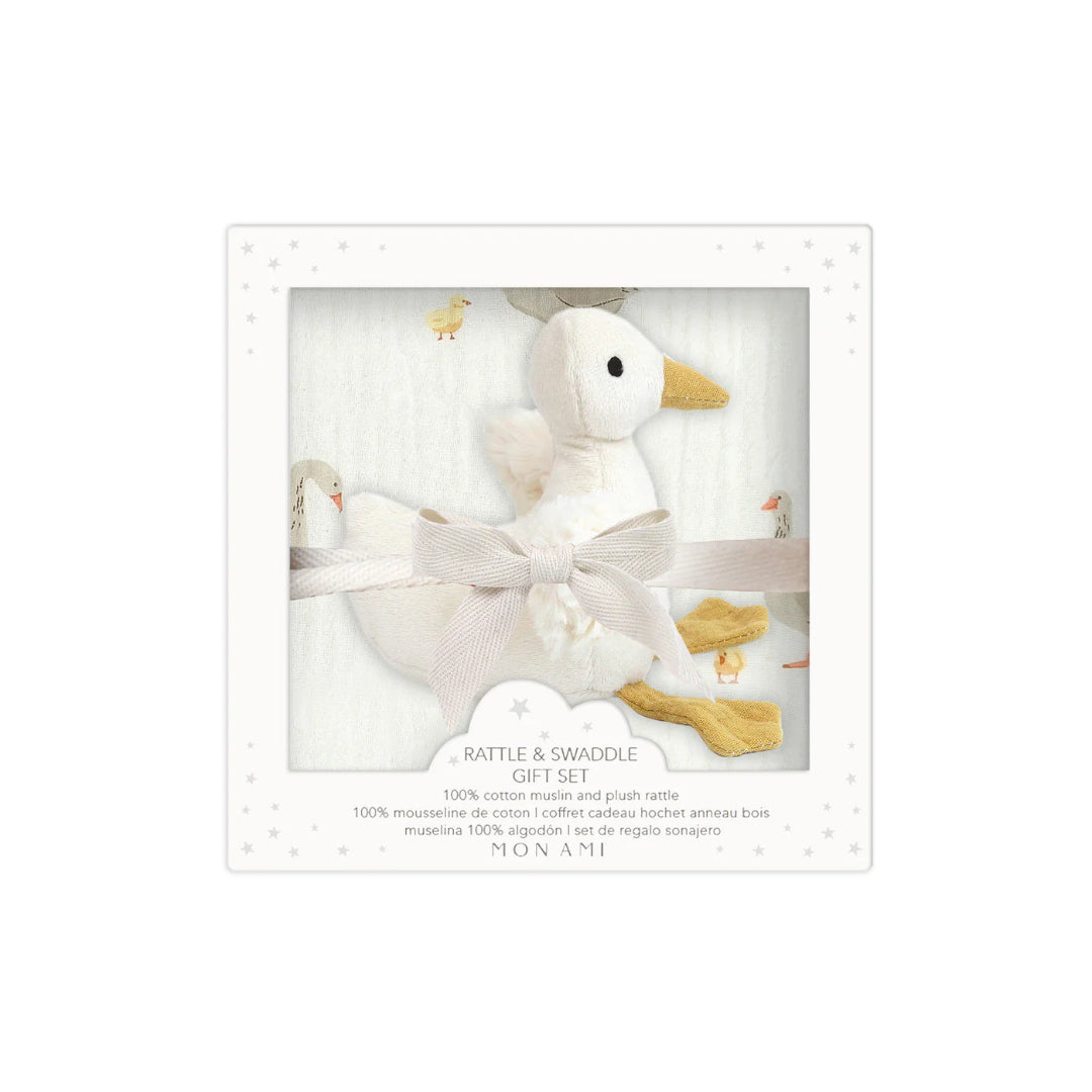 Mother Goose themed baby swaddle blanket and goose rattle