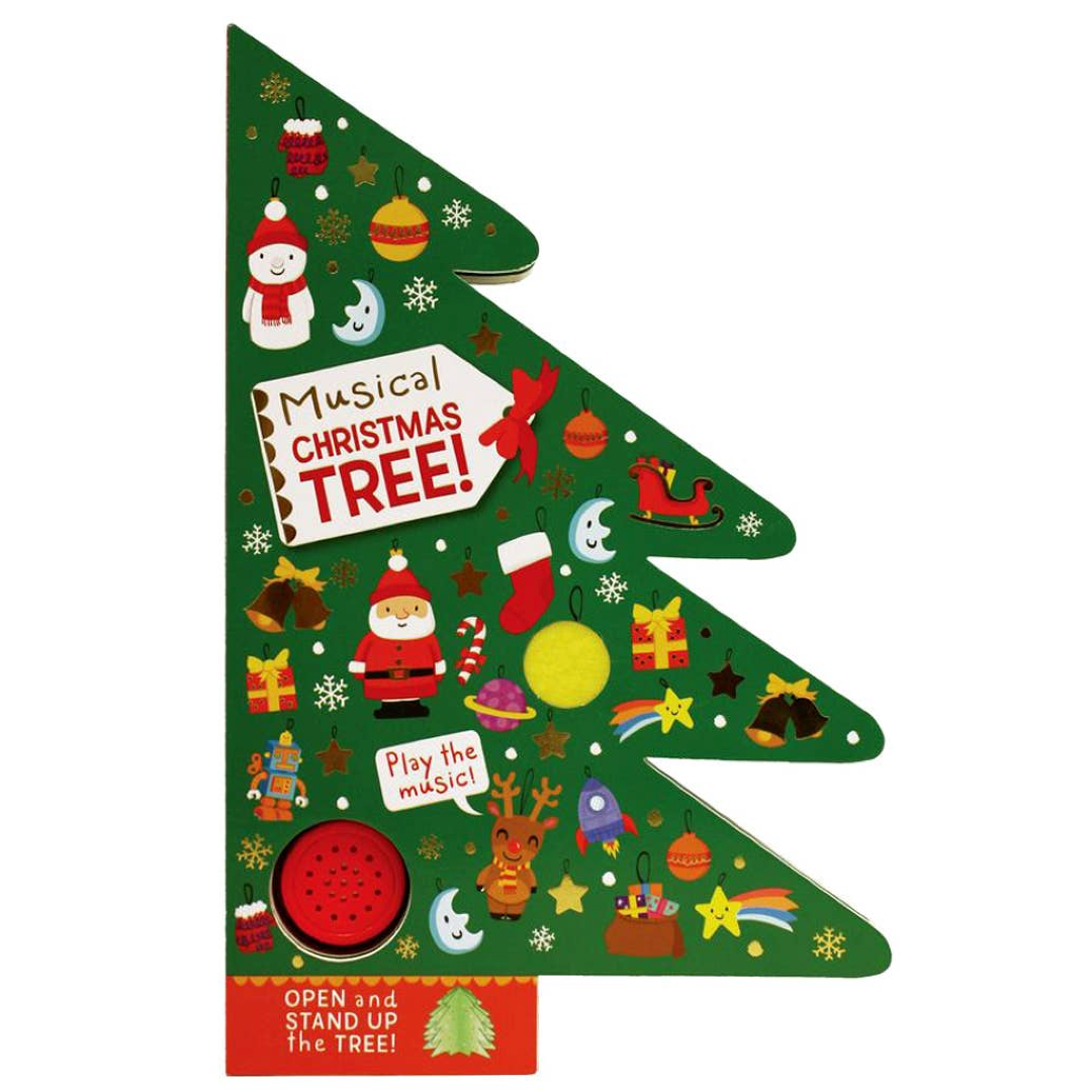 a book shaped like half of a christmas tree and its decorated with ornaments including a mini santa, stocking, snowflakes, reindeer, bells, presents, and more