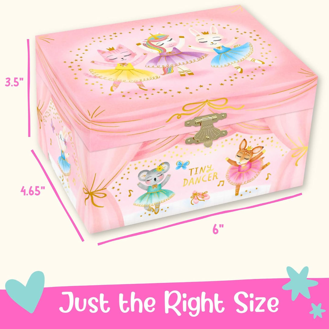 a closed jewelry box that is pink and has ballerina animals on it including a car, unicorn, bunny, deer, and koala