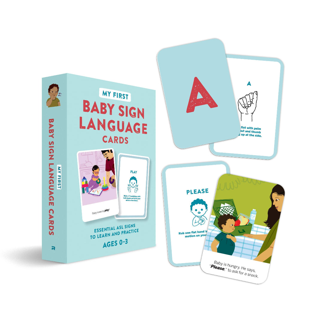 a blue box of cards that teach babies sign language