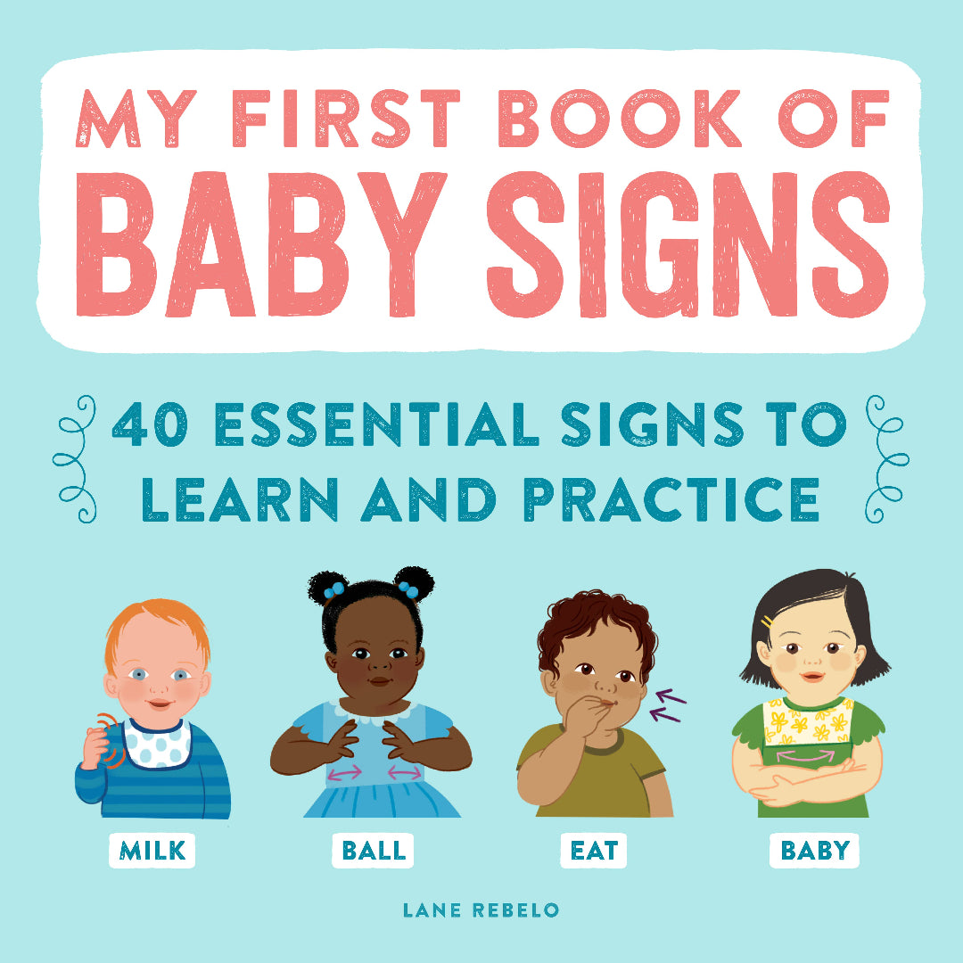 light blue book with 4 children on the front who are doing sign language